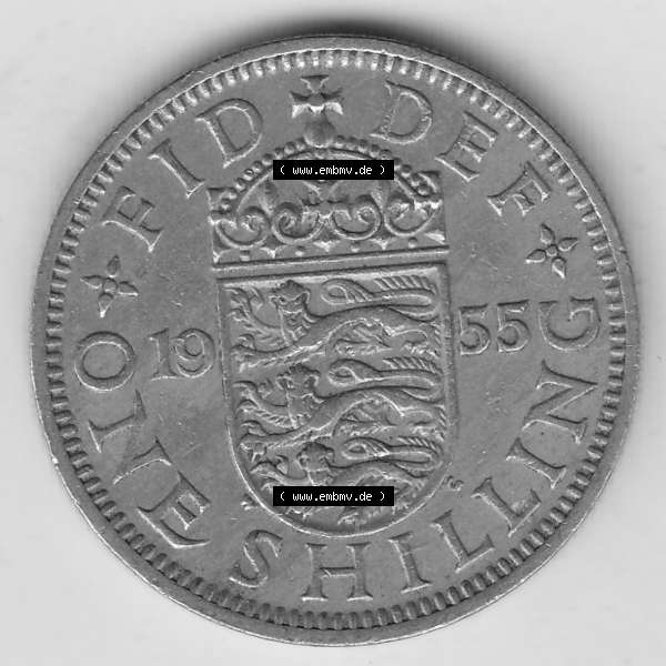 Grau bzw. s/w Münzen Großbritannien Umlaufmünze 1954-1970, 1 Schilling - Shilling, 1955-2 Wappen mit drei Löwen. Rückseite der alten britischen Münze aus Großbritannien... Sammlung Graustufen