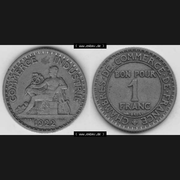 Grau bzw. s/w Münzen Frankreich Umlaufmünze 1922-1927, 1 Franken, BON POUR One Franc, 1922-1 CHAMBRES DE COMMERCE DE FRANCE. Vorderseite und Rückseite horizontal auf einen digitalen... Sammlung Graustufen