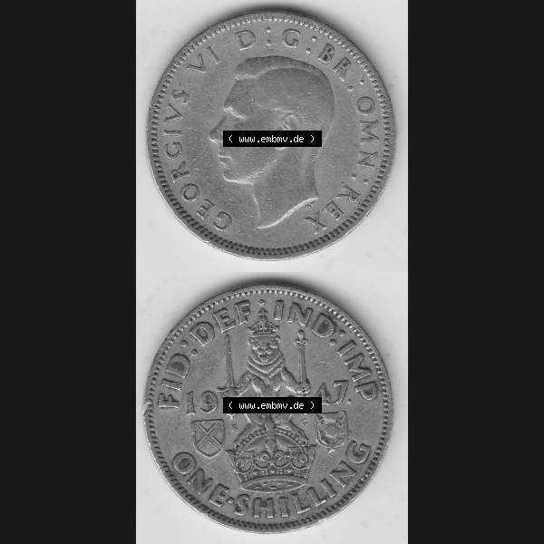 Grau bzw. s/w Münzen Großbritannien Umlaufmünze 1947-1948, 1 Schilling - One Shilling 1947-2 Sitzender Löwe auf Krone. Vorderseite und Rückseite vertikal untereinander auf einen... Sammlung Graustufen
