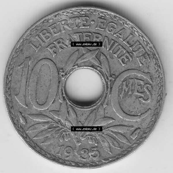 Grau bzw. s/w Münzen Frankreich Umlaufmünze 1917-1938, 10 Centimes - Cmes 1935-2. Rückseite der alten französischen Umlaufmünze 10 Cmes - Centimes - Cent aus Frankreich in der Francs-Währung... Sammlung Graustufen