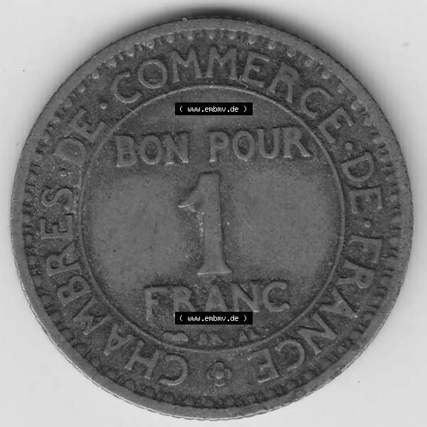 Grau bzw. s/w Münzen Frankreich Umlaufmünze 1920-1927, 1 Franken BON POUR 1 FRANC 1924-1. Rückseite der alten französischen Umlaufmünze aus Frankreich in der Francs-Währung... Sammlung Graustufen