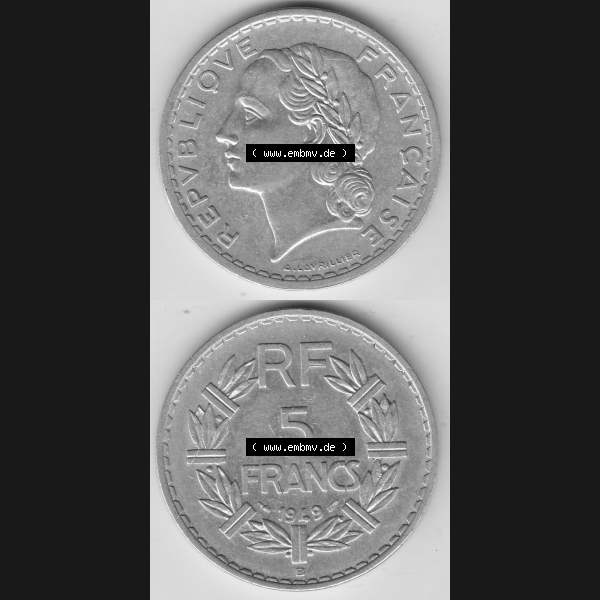 Grau bzw. s/w Alte Münzen KMS Frankreich, aus Kursmünzensatz-Zusammenstellung der Jahre 1917-1952, mit der Münze 1945-1952, 5 Franken, Francs 1949-1. Vorderseite und Rückseite... Sammlung Graustufen