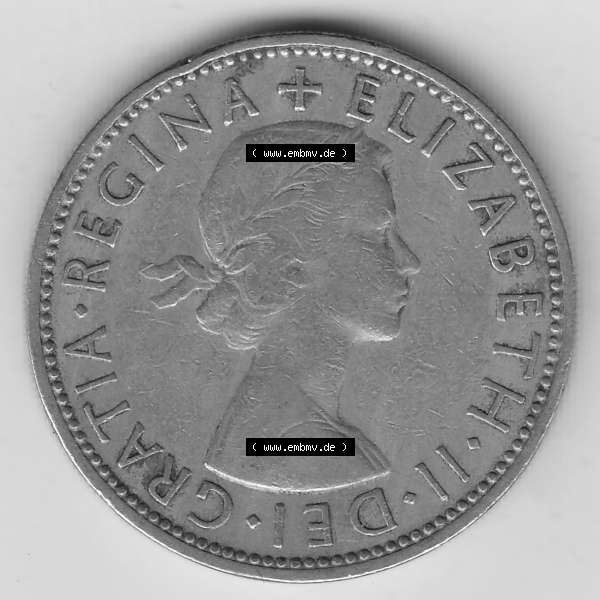 Grau bzw. s/w Münzen Großbritannien Umlaufmünze 1954-1970, 2 Schilling - Shillings 1961-2. Vorderseite der alten britischen Münze aus Großbritannien zum katalogisieren und verwalten... Sammlung Graustufen