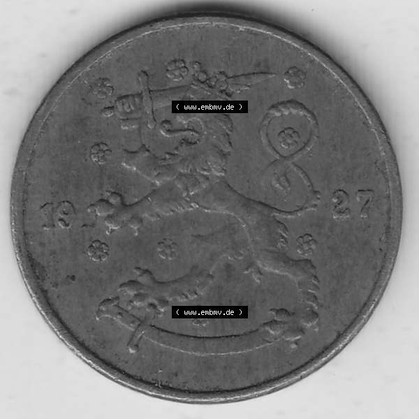 Grau bzw. s/w Alte Münzen KMS Finnland, Kursmünzensatz 1918-1940, 5 Penny, Penniä 1927. Vorderseite einer Münze aus KMS / Kursmünzen bzw. Münzensatz... Sammlung Graustufen