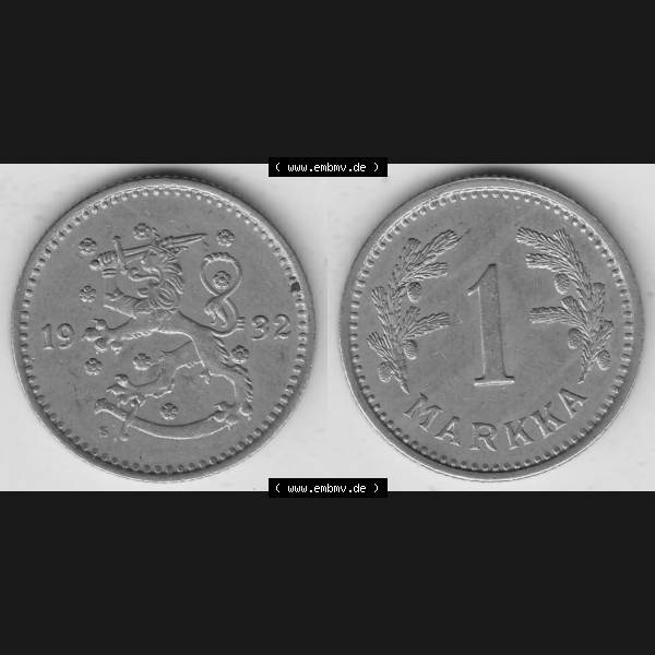 Grau bzw. s/w Alte Münzen KMS Finnland, Kursmünzensatz 1928-1940, 1 finnische Mark, Markka 1932. Digitales Bild / Bildmaterial mit Vorderseite und Rückseite einer Münze... Sammlung Graustufen