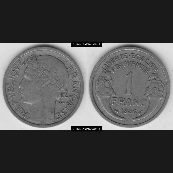 Grau bzw. s/w Münzen Frankreich Umlaufmünze 1931-1941, 1 Franken, 1 Franc, 1936-1 LIBERTE EGALITE FRATERNITE. Vorderseite und Rückseite horizontal auf einen digitalen Bild der... Sammlung Graustufen