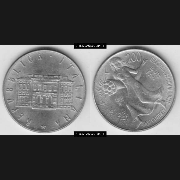 Grau bzw. s/w Bildmaterial von Münzen aus Italien / Italia Gedenkmünzen 1981-1981, 200 Lire FAO - Welternährungstag. Vorderseite und Rückseite horizontal auf einen digitalen Bild... Sammlung Graustufen
