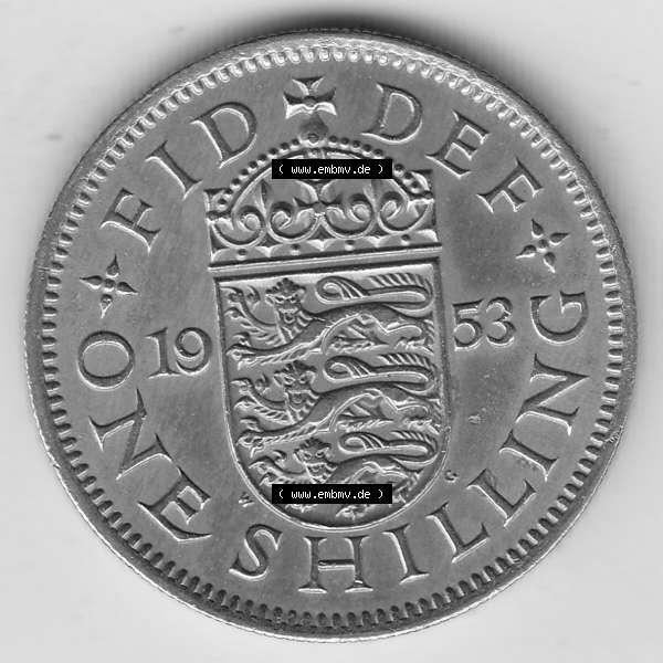 Grau bzw. s/w Münzen Großbritannien Umlaufmünze 1954-1970, 1 Schilling - One Shilling, 1953-2 Wappen mit drei Löwen. Rückseite der alten britischen Münze aus Großbritannien... Sammlung Graustufen