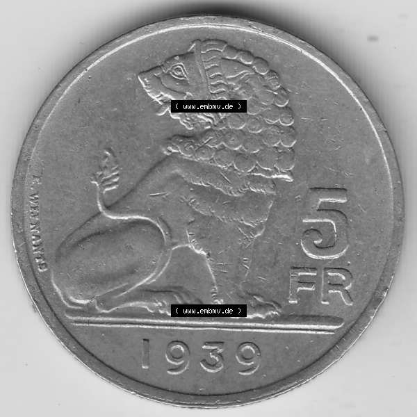 Grau bzw. s/w Alte Münzen KMS Belgien, Kursmünzensatz / KMS - Zusammenstellung 1938-1940, mit Münze 1938-1939, 5 Franken, FR, Francs, BELGIE - BELGIQUE 1939-1.... Sammlung Graustufen