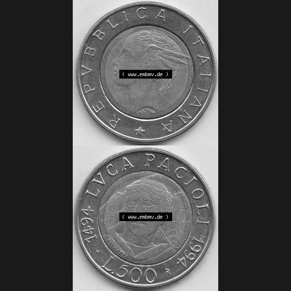 Grau bzw. s/w Bildmaterial von Münzen aus Italien / Italia Gedenkmünzen 1994-1994, 500 Lire, 500. Geburtstag von Luca Pacioli (1494-1994)-2. Vorderseite und Rückseite... Sammlung Graustufen