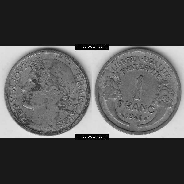 Grau bzw. s/w Münzen Frankreich Umlaufmünze 1931-1941, 1 Franken, 1 Franc, 1941-1 LIBERTE EGALITE FRATERNITE. Vorderseite und Rückseite horizontal auf einen digitalen Bild der... Sammlung Graustufen