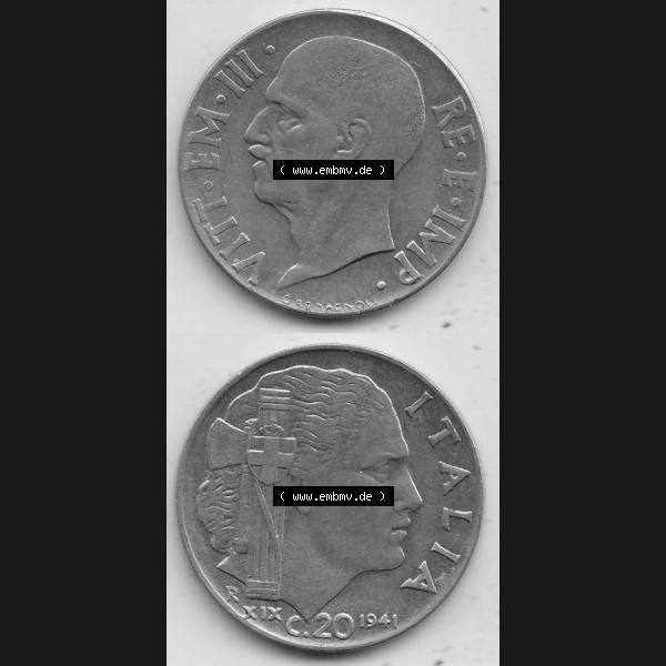 Grau bzw. s/w Alte Münzen KMS Italien / Italia, Kursmünzensatz - Zusammenstellung 1908-1943, mit Münze 1939-1943, 20 C. Centesimi, Cent 1941-1. Digitales Bild... Sammlung Graustufen