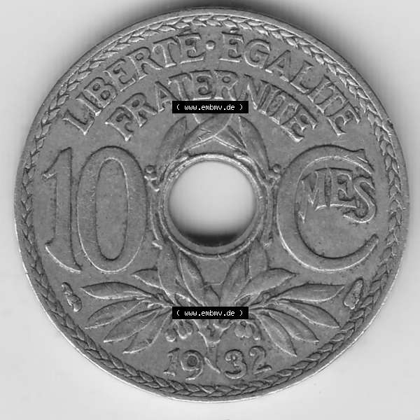 Grau bzw. s/w Münzen Frankreich Umlaufmünze 1917-1938, 10 Centimes - Cmes 1932. Rückseite der alten französischen Umlaufmünze 10 Cmes - Centimes - Cent aus Frankreich in der Francs-Währung... Sammlung Graustufen