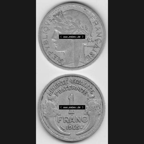Grau bzw. s/w Münzen Frankreich Umlaufmünze 1941-1959, 1 Franken - Francs 1945. Vorderseite und Rückseite vertikal auf einen digitalen Bild der alten französischen Umlaufmünze aus... Sammlung Graustufen