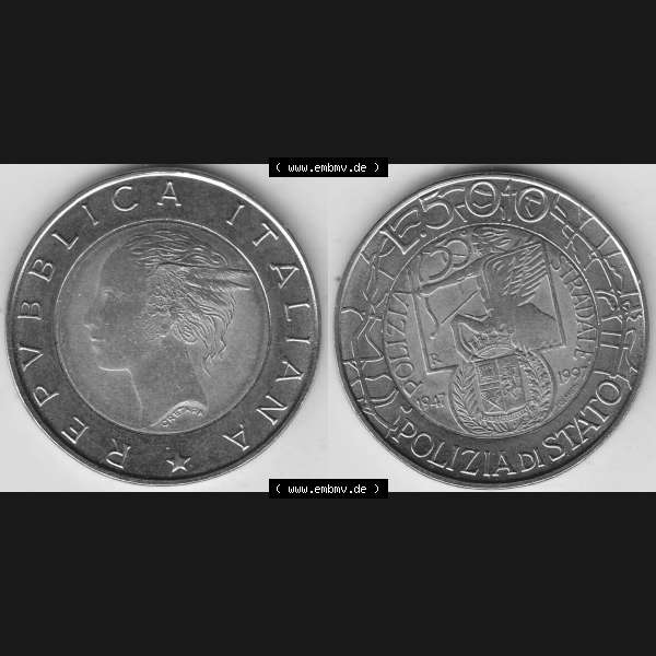 Grau bzw. s/w Bildmaterial von Münzen aus Italien / Italia Gedenkmünzen 1997-1997, 500 Lire, 50 Jahre Staatspolizei (1947-1997), POLIZIA DI STATO POLIZIA STRADALE R-2.... Sammlung Graustufen