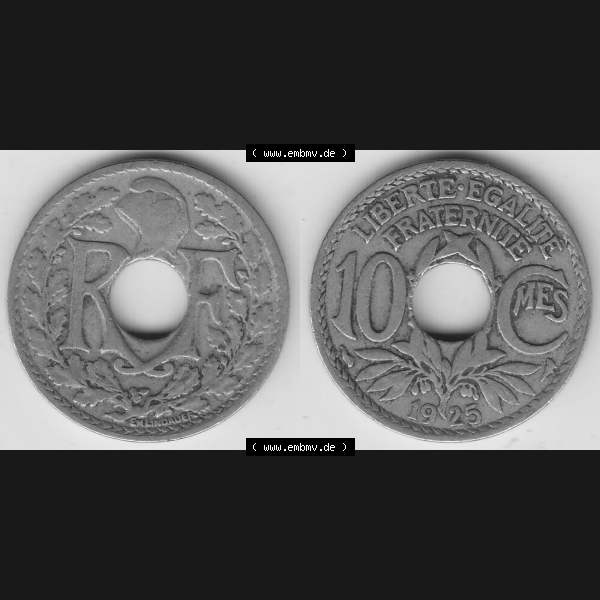 Grau bzw. s/w Münzen Frankreich Umlaufmünze 1917-1938, 10 Centimes - Cmes 1925. Vorderseite und Rückseite horizontal auf einen digitalen Bild der alten französischen Umlaufmünze... Sammlung Graustufen