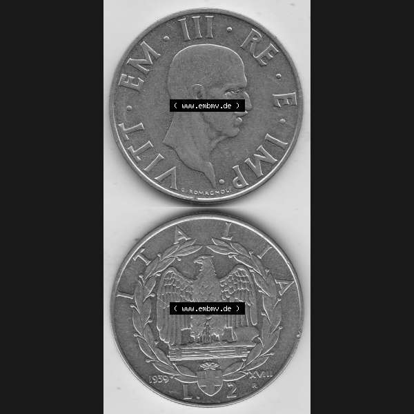 Grau bzw. s/w Alte Münzen KMS Italien / Italia, Kursmünzensatz - Zusammenstellung 1908-1943, mit Münze 1939-1943, 2 Lire, Lira, Viktor Emanuael III., G ROMAGNOLI... Sammlung Graustufen