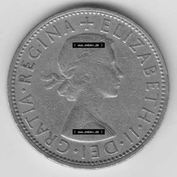 Grau bzw. s/w Münzen Großbritannien Umlaufmünze 1954-1970, 2 Schilling - Shillings 1960-1. Vorderseite der alten britischen Münze aus Großbritannien zum katalogisieren und verwalten... Sammlung Graustufen