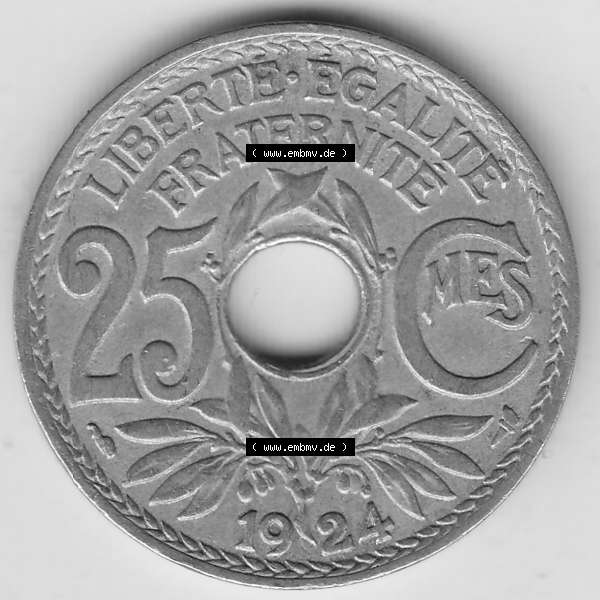 Grau bzw. s/w Münzen Frankreich Umlaufmünze 1917-1937, 25 Cmes, Centimes 1924-1 LIBERTE EGALITE FRATERNITE. Rückseite der alten französischen Umlaufmünze 10 Cmes - Centimes... Sammlung Graustufen