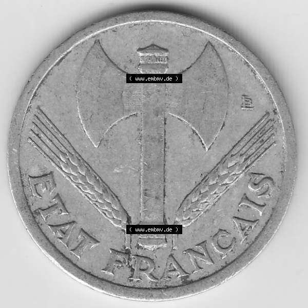 Grau bzw. s/w Münzen Frankreich Umlaufmünze 1942-1944, 1 Franken - Francs 1943-2. Vorderseite der alten französischen Umlaufmünze aus Frankreich in der Francs-Währung zum katalogisieren... Sammlung Graustufen