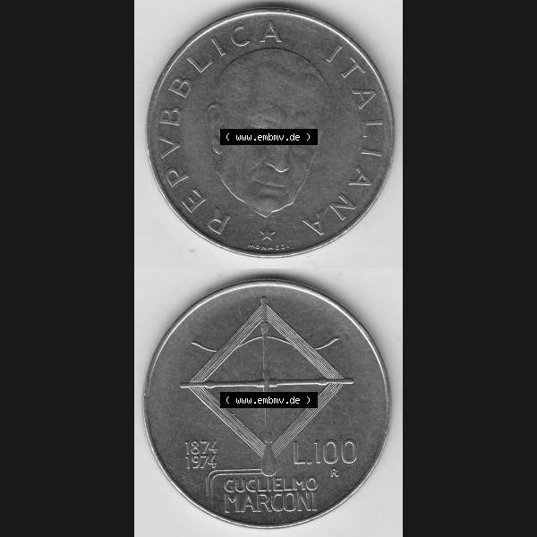 Grau bzw. s/w Bildmaterial von Münzen aus Italien / Italia Gedenkmünzen 1974-1974, 100 Lire, 100. Geburtstag von Guglielmo Marconi (1874-1974)-1. Vorderseite und Rückseite... Sammlung Graustufen
