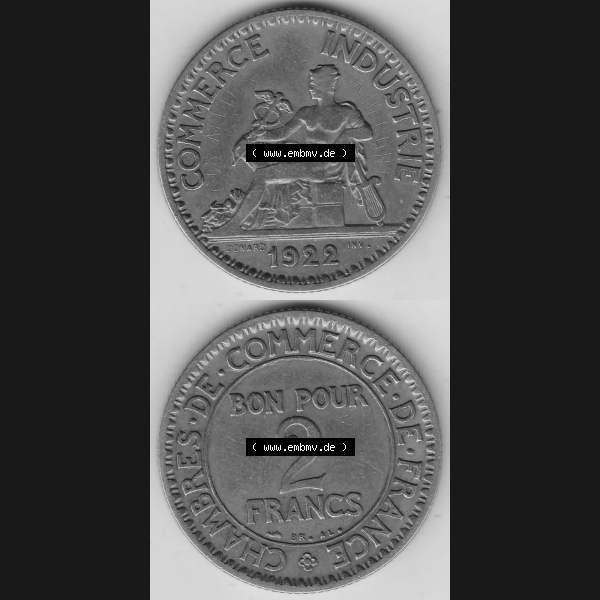 Grau bzw. s/w Münzen Frankreich Umlaufmünze 1920-1927, 2 Francs - Franken 1922-1. Vorderseite und Rückseite vertikal auf einen digitalen Bild der alten französischen Umlaufmünze... Sammlung Graustufen