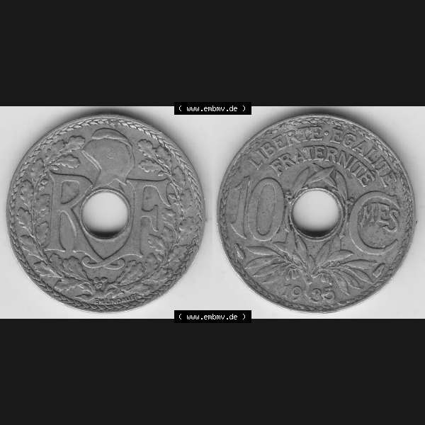 Grau bzw. s/w Münzen Frankreich Umlaufmünze 1917-1938, 10 Centimes - Cmes 1935-2. Vorderseite und Rückseite horizontal auf einen digitalen Bild der alten französischen Umlaufmünze... Sammlung Graustufen