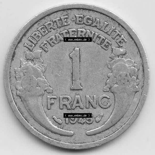 Grau bzw. s/w Münzen Frankreich Umlaufmünze 1941-1959, 1 Franken - Francs 1945. Rückseite der alten französischen Umlaufmünze aus Frankreich in der Francs-Währung zum katalogisieren... Sammlung Graustufen