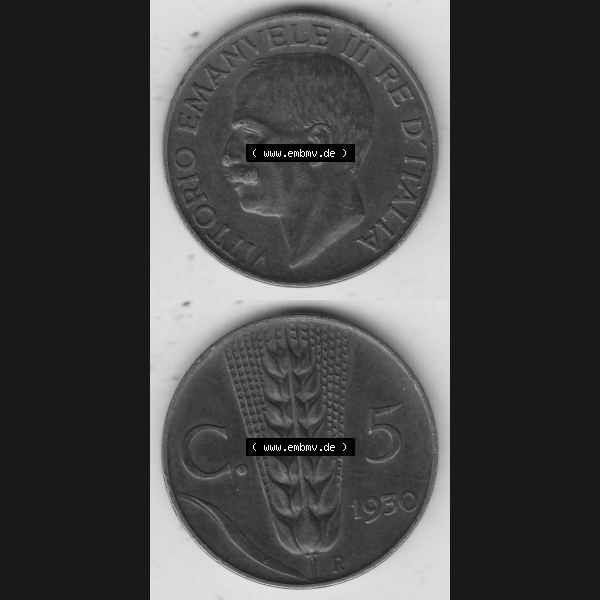 Grau bzw. s/w Alte Münzen KMS Italien / Italia, Kursmünzensatz - Zusammenstellung 1908-1943, mit Münze 1919-1937, 5 Centesimi, Cent, Viktor Emanuel III. A.... Sammlung Graustufen