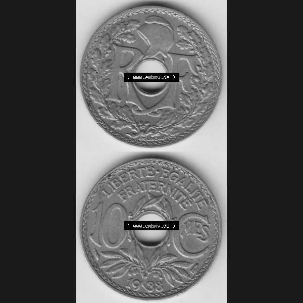 Grau bzw. s/w Münzen Frankreich Umlaufmünze 1917-1938, 10 Centimes - Cmes 1938. Vorderseite und Rückseite vertikal auf einen digitalen Bild der alten französischen Umlaufmünze 10... Sammlung Graustufen