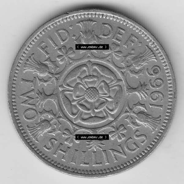 Grau bzw. s/w Münzen Großbritannien Umlaufmünze 1954-1970, 2 Schilling - Shillings 1966-2. Rückseite der alten britischen Münze aus Großbritannien zum katalogisieren und... Sammlung Graustufen