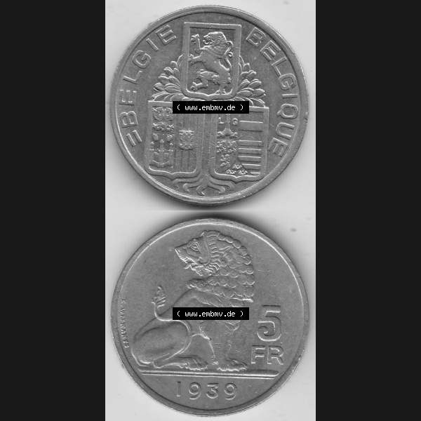 Grau bzw. s/w Alte Münzen KMS Belgien, Kursmünzensatz / KMS - Zusammenstellung 1938-1940, mit Münze 1938-1939, 5 Franken, FR, Francs, BELGIE - BELGIQUE 1939-1.... Sammlung Graustufen