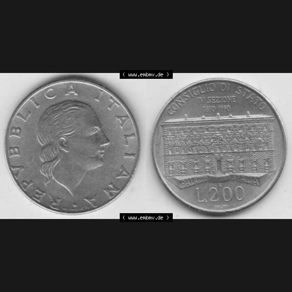 Grau bzw. s/w Bildmaterial von Münzen aus Italien / Italia Gedenkmünzen 1990-1990, 200 Lire Gründung von Staatsrat. Vorderseite und Rückseite horizontal auf einen digitalen Bild... Sammlung Graustufen