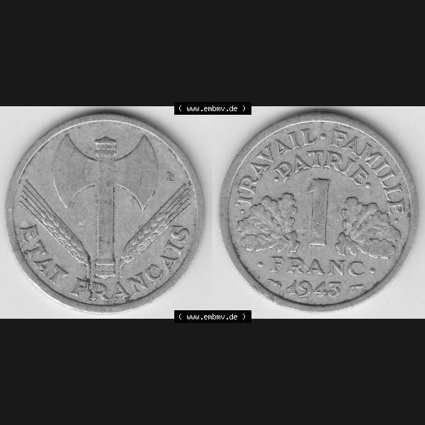 Grau bzw. s/w Münzen Frankreich Umlaufmünze 1942-1944, 1 Franken - Francs 1943-2. Vorderseite und Rückseite horizontal auf einen digitalen Bild der alten französischen Umlaufmünze... Sammlung Graustufen