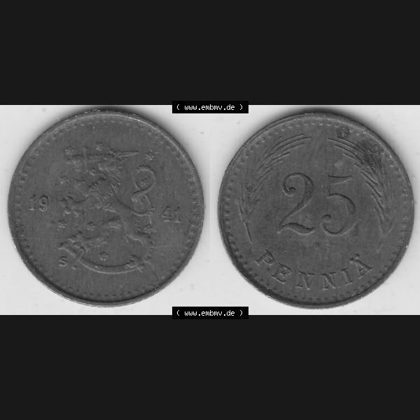 Grau bzw. s/w Alte Münzen KMS Finnland, Kursmünzensatz 1940-1943, 25 Penny, Penniä Kupfer 1941-1. Digitales Bild / Bildmaterial mit Vorderseite und Rückseite einer Münze... Sammlung Graustufen