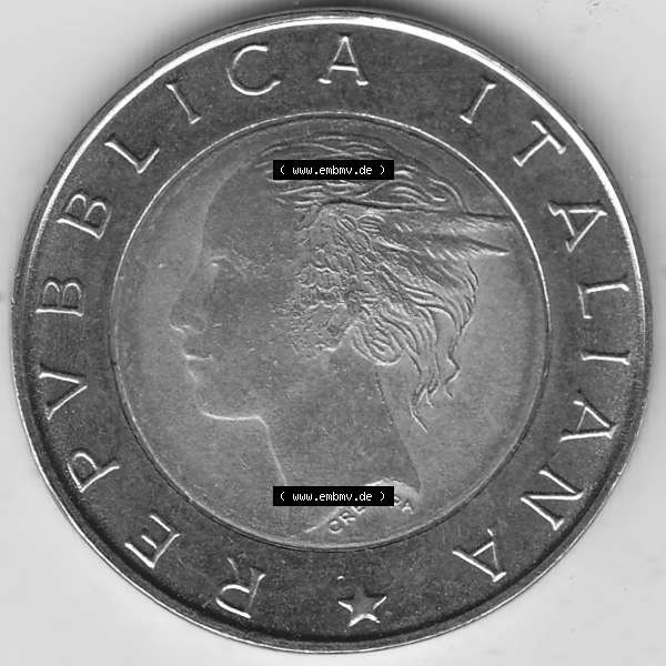 Grau bzw. s/w Bildmaterial von Münzen aus Italien / Italia Gedenkmünzen 1997-1997, 500 Lire, 50 Jahre Staatspolizei (1947-1997), POLIZIA DI STATO POLIZIA STRADALE R-2.... Sammlung Graustufen