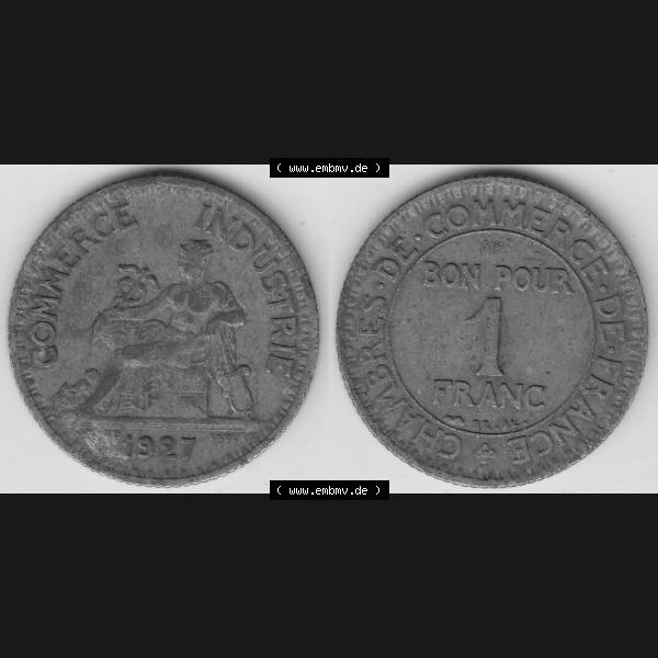 Grau bzw. s/w Münzen Frankreich Umlaufmünze 1920-1927, 1 Franken BON POUR 1 FRANC 1927. Vorderseite und Rückseite horizontal auf einen digitalen Bild der alten französischen Umlaufmünze... Sammlung Graustufen