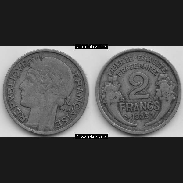 Grau bzw. s/w Münzen Frankreich Umlaufmünze 1931-1941, 2 Franken 1933-1 LIBERTE EGALITE FRATERNITE. Vorderseite und Rückseite horizontal auf einen digitalen Bild der alten französischen... Sammlung Graustufen