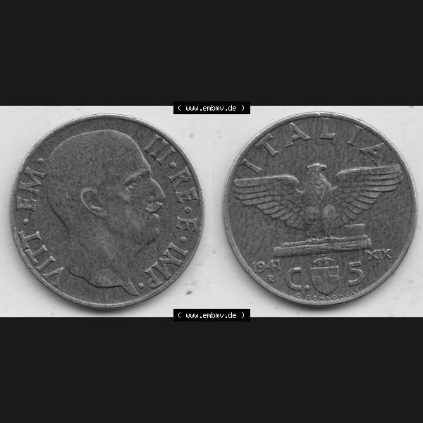 Grau bzw. s/w Alte Münzen KMS Italien / Italia, Kursmünzensatz - Zusammenstellung 1908-1943, mit Münze 1939-1943, 5 Centesimi, Cent, Viktor Emanuel III. C.5... Sammlung Graustufen