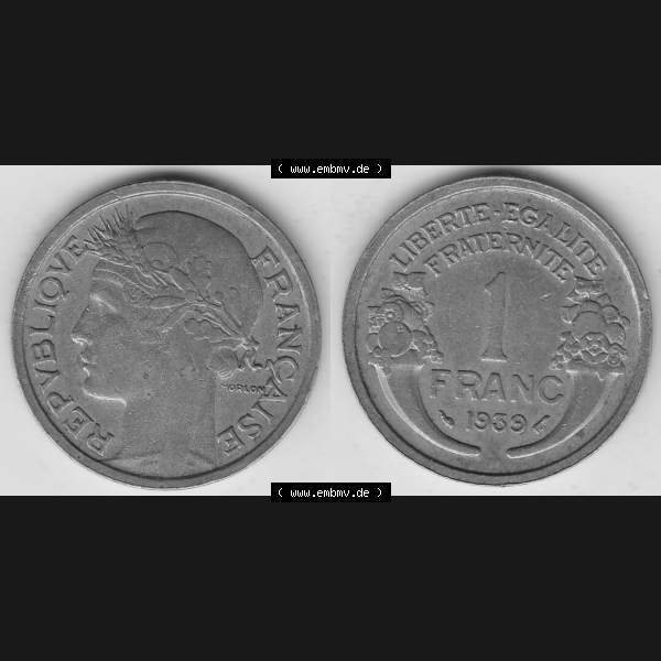 Grau bzw. s/w Münzen Frankreich Umlaufmünze 1931-1941, 1 Franken, 1 Franc, 1939-1 LIBERTE EGALITE FRATERNITE. Vorderseite und Rückseite horizontal auf einen digitalen Bild der... Sammlung Graustufen