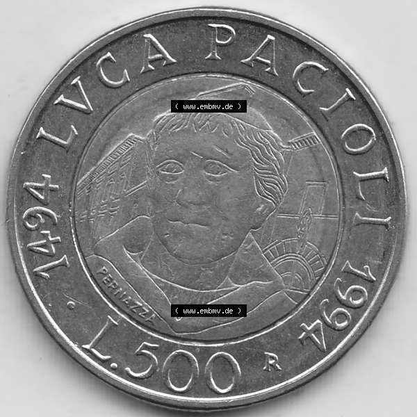 Grau bzw. s/w Bildmaterial von Münzen aus Italien / Italia Gedenkmünzen 1994-1994, 500 Lire, 500. Geburtstag von Luca Pacioli (1494-1994)-2. Rückseite einer alten... Sammlung Graustufen