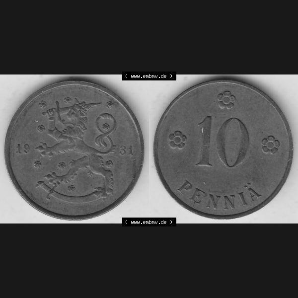 Grau bzw. s/w Alte Münzen KMS Finnland, Kursmünzensatz 1919-1940, 10 Penny, Penniä 1931. Digitales Bild / Bildmaterial mit Vorderseite und Rückseite einer Münze... Sammlung Graustufen