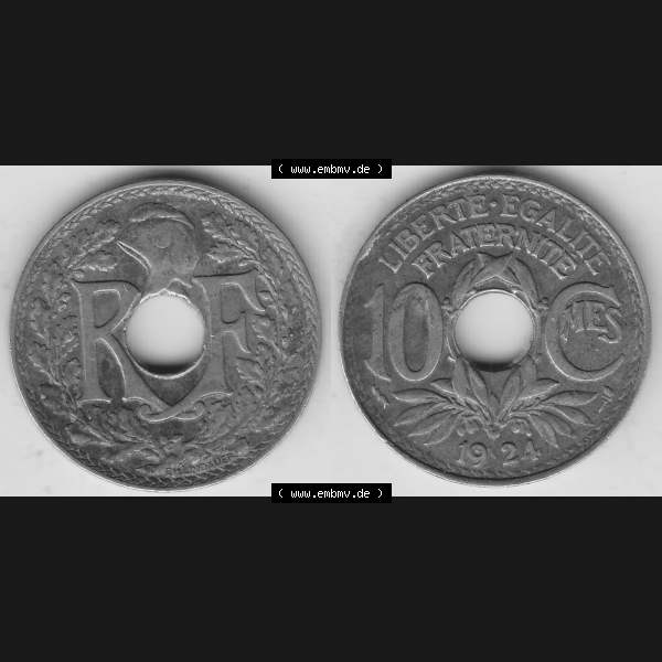 Grau bzw. s/w Münzen Frankreich Umlaufmünze Vollansicht 1917-1938, 10 Centimes, 10 CMES EGALITÉ FRATERNITÉ LIBERTÉ 1924-1. Vorderseite und Rückseite horizontal... Sammlung Graustufen
