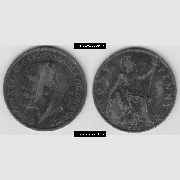Grau bzw. s/w Münzen Großbritannien Umlaufmünze 1911-1926, 1 One Penny, 1917-1, George V, B.M. GEORGIVS V DEI GRABRITTOMNREX FIDDEFINDIMP. Vorderseite und... Sammlung Graustufen