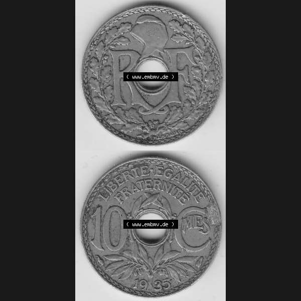 Grau bzw. s/w Münzen Frankreich Umlaufmünze 1917-1938, 10 Centimes - Cmes 1935-3. Vorderseite und Rückseite vertikal auf einen digitalen Bild der alten französischen Umlaufmünze... Sammlung Graustufen
