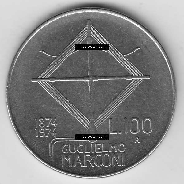 Grau bzw. s/w Bildmaterial von Münzen aus Italien / Italia Gedenkmünzen 1974-1974, 100 Lire, 100. Geburtstag von Guglielmo Marconi (1874-1974)-1. Rückseite einer... Sammlung Graustufen