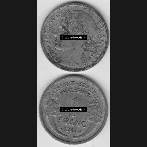 Grau bzw. s/w Münzen Frankreich Umlaufmünze 1931-1941, 1 Franken, 1 Franc, 1941-1 LIBERTE EGALITE FRATERNITE. Vorderseite und Rückseite vertikal auf einen digitalen Bild der alten... Sammlung Graustufen