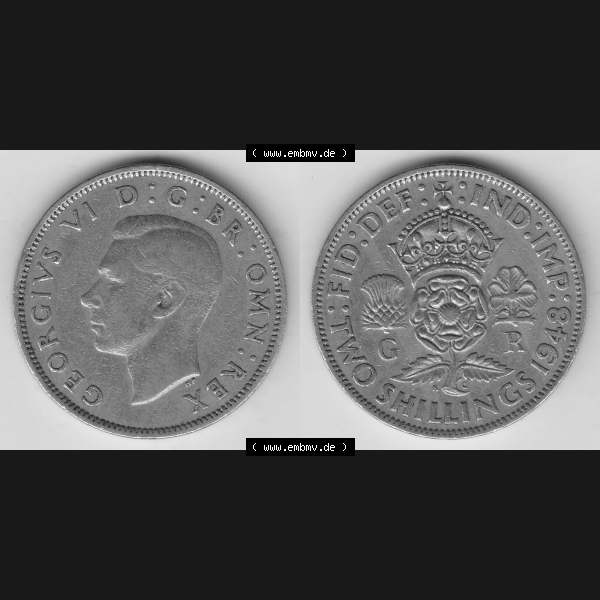 Grau bzw. s/w Münzen Großbritannien Umlaufmünze 1947-1948, 2 Schilling - Shillings 1948-1. Vorderseite und Rückseite horizontal auf einen digitalen Bild der alten britischen Münze... Sammlung Graustufen