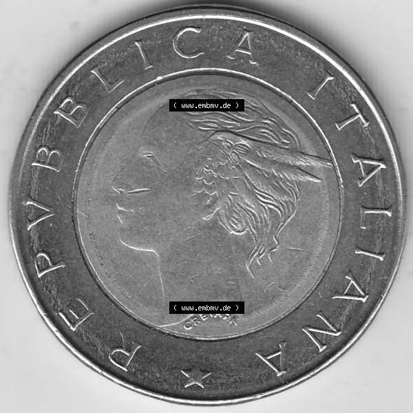 Grau bzw. s/w Bildmaterial von Münzen aus Italien / Italia Gedenkmünzen 1993-1993, 500 Lire, 100 Jahre Bank von Italien (1893-1993), CENTENARIO DELLA BANCA DITALIA GROSSI.... Sammlung Graustufen
