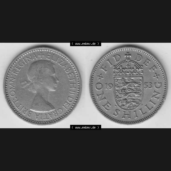 Grau bzw. s/w Münzen Großbritannien Umlaufmünze 1954-1970, 1 Schilling - Shilling, 1953-1 Wappen mit drei Löwen. Vorderseite und Rückseite horizontal auf einen digitalen... Sammlung Graustufen